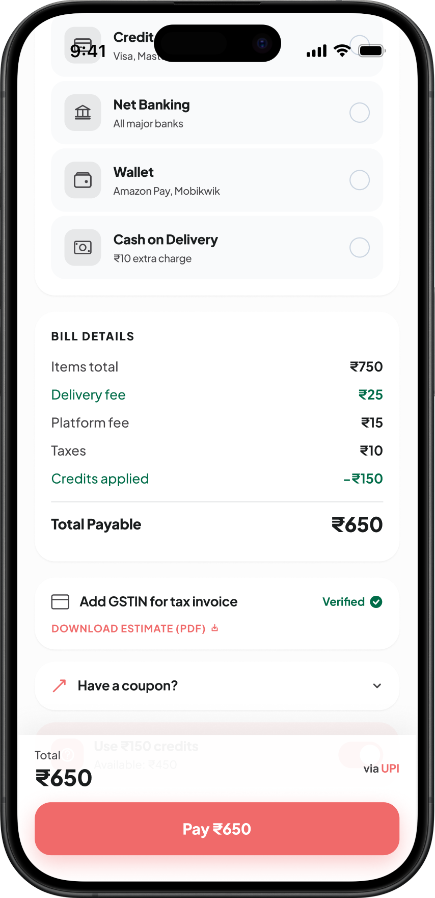 Bill details — tax, fees, credits